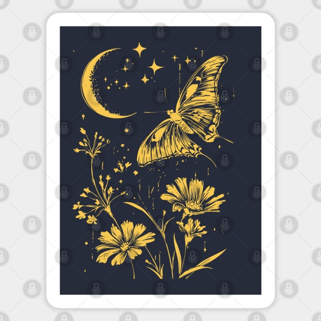 Golden Butterfly in Moonlit Meadow – Elegant Nature Art Sticker by TuncGK